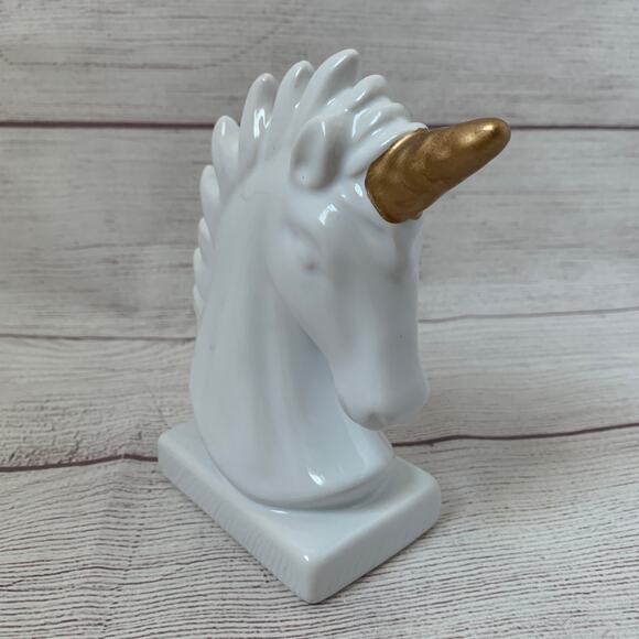 White Ceramic Unicorn Statue Figurine Bust with Gold Horn Glazed Finish 6" - Picture 13 of 14